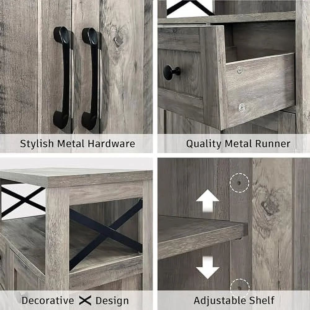 Farmhouse Cabinet with Drawers and Freestanding Kitchen Pantry Floor Cabinet Hutch Cupboard Rustic Grey P4572
