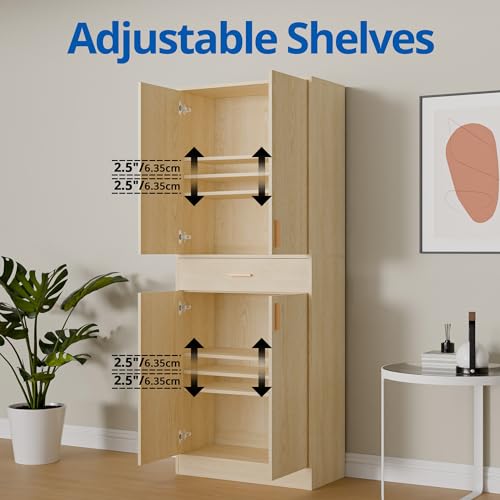 71" Tall 4 Doors Wood Freestanding Cupboard with Sliding Drawer and 2 Adjustable Shelves, Oak A42569