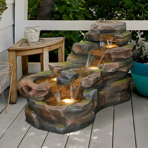 37" 5-Tiers Rock Natural Waterfall Outdoor Fountain with LED Lights K8812
