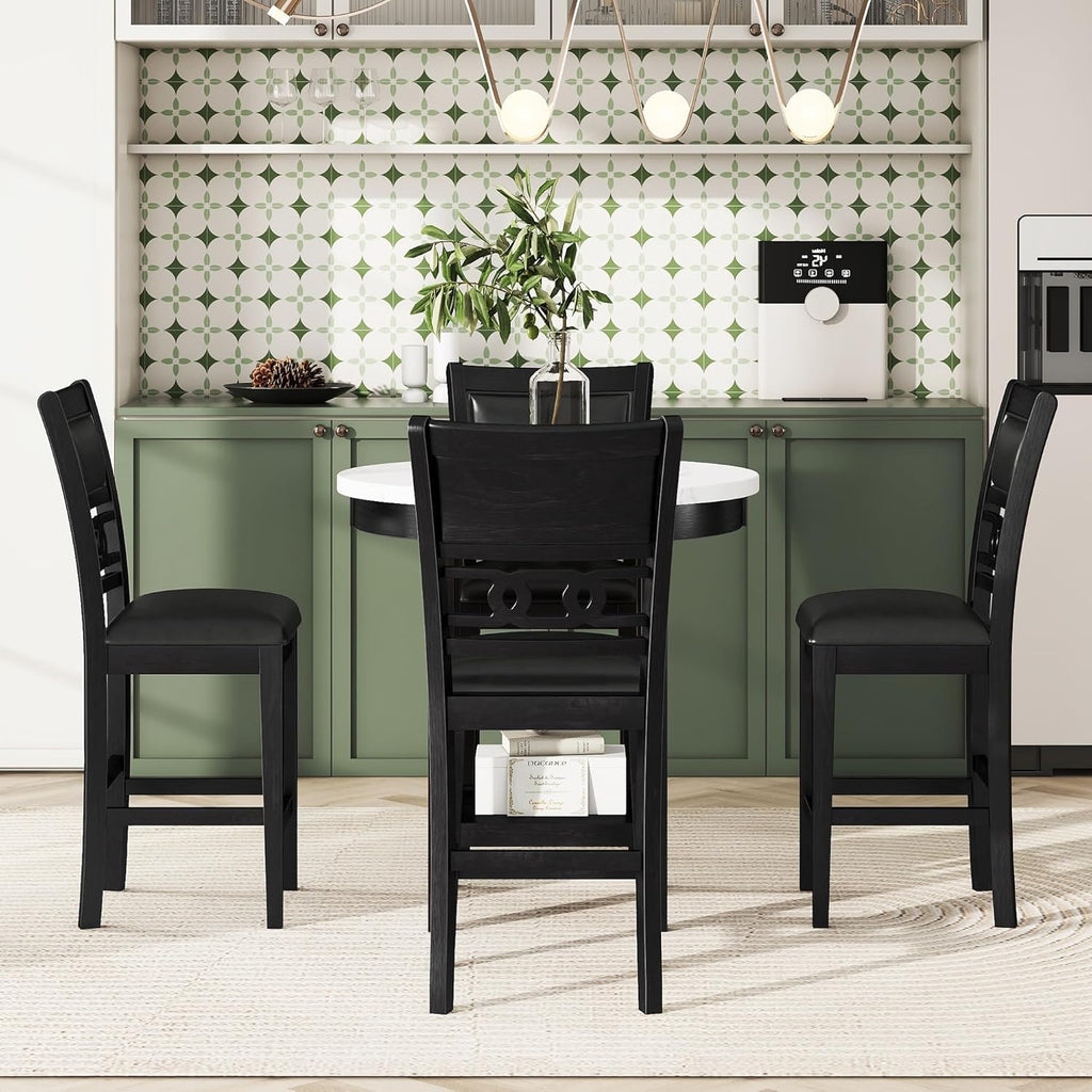 5-piece Counter Height Dining Round Table Set with Faux Marble Top and Four PU-leather Chairs, Dark Espresso Y730691