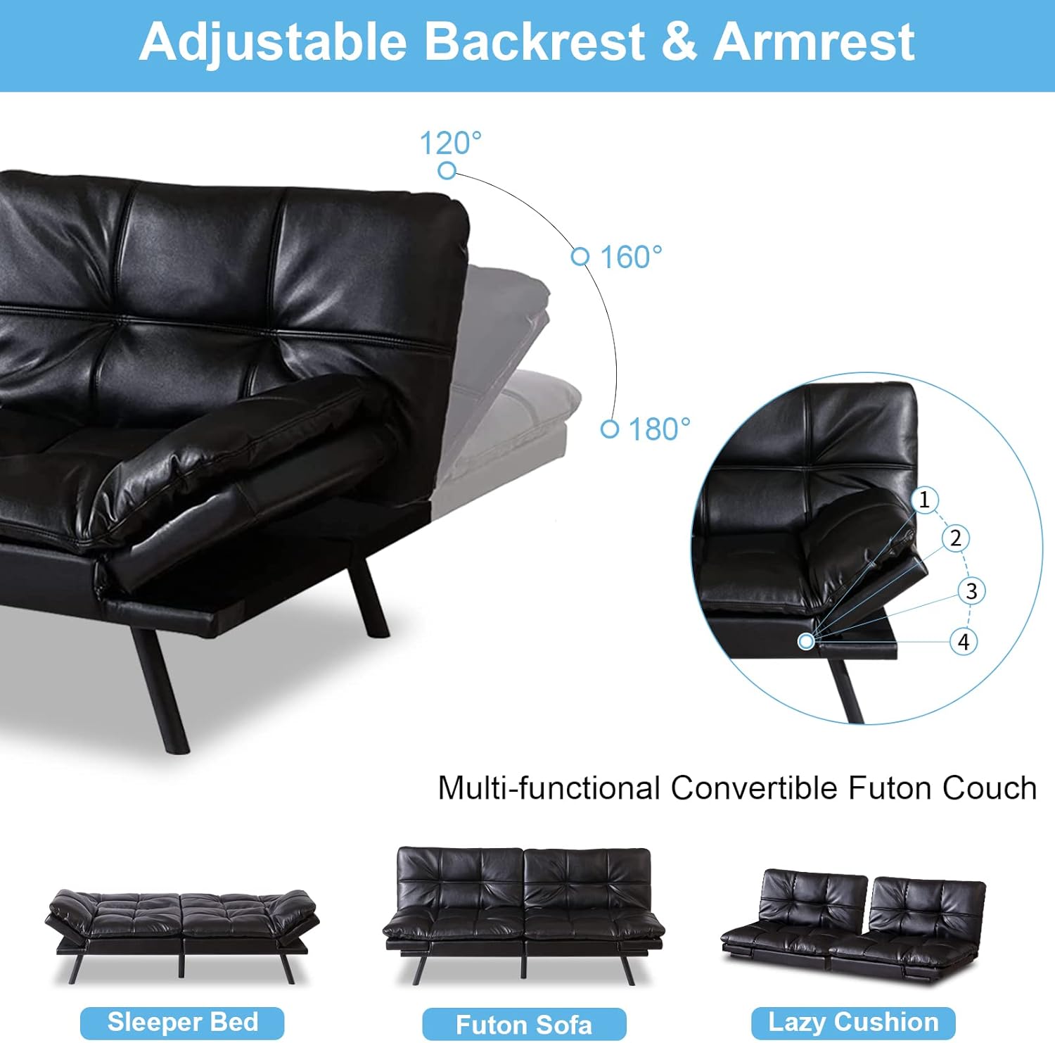 Black Faux Leather Memory Foam Convertible Futon Sofa Bed J53162