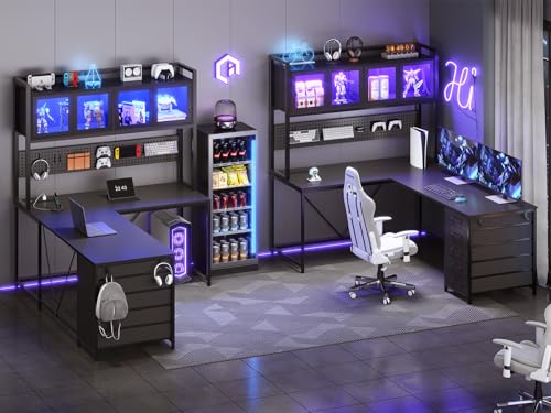 Rustic Brown L Shaped Gaming Desk with Drawers, Hutch, Storage Shelves, Pegboard, Led Lights, and Power Outlet K519434