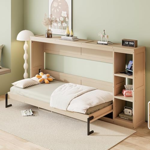 Full Size Wood Murphy Bed with Storage Shelves (White) D83573