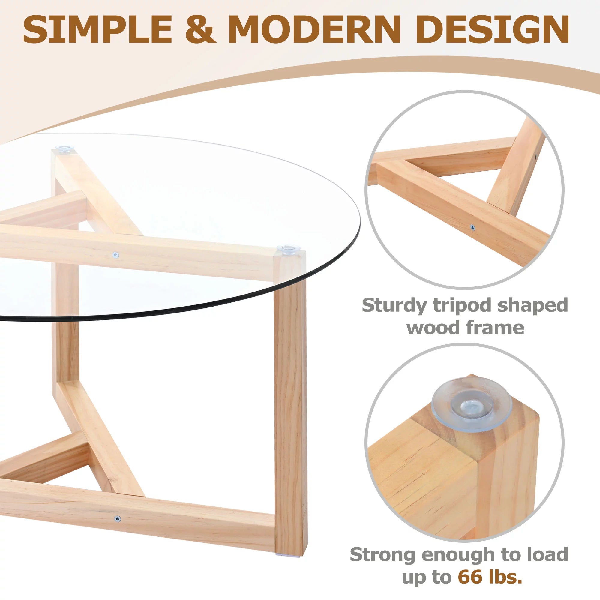 Round Glass Coffee Table with Tempered Glass Top & Wood Base F4419