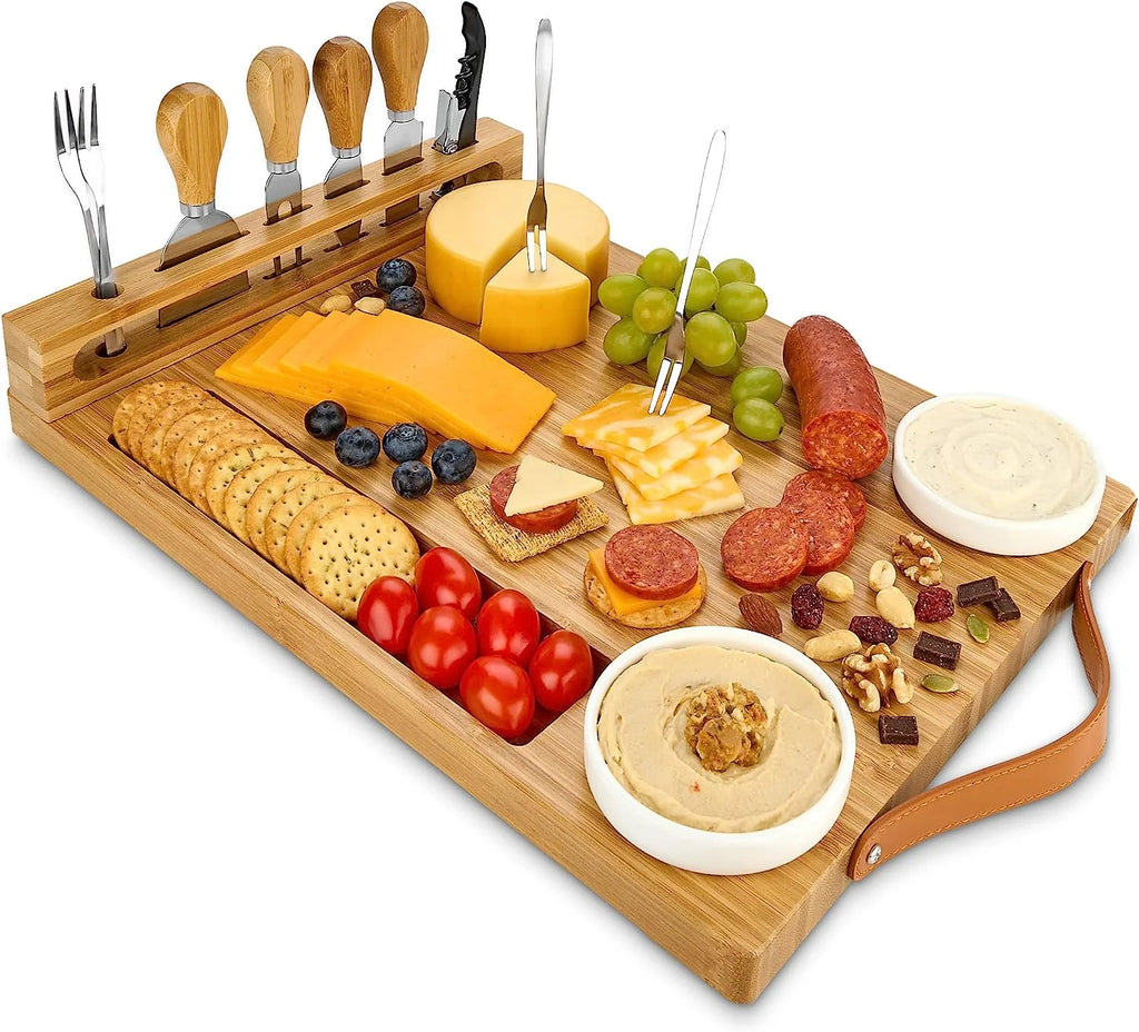 Bamboo Cheese Board with Knife Set, Wine Opener, Ceramic Bowls & Forks J873390