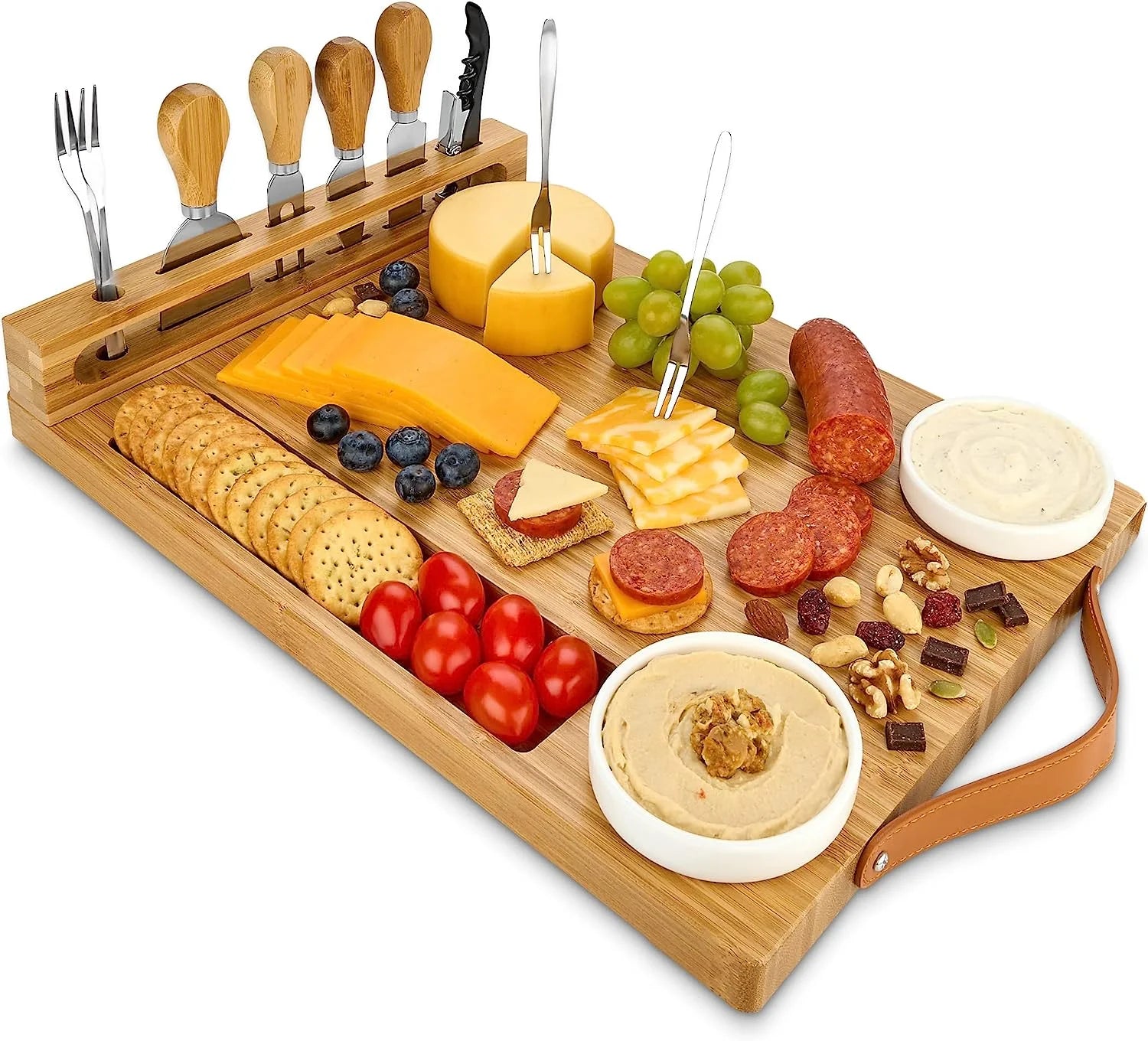 Bamboo Cheese Board with Knife Set, Wine Opener, Ceramic Bowls & Forks J873390