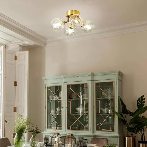 13" 4-Light Gild Brass Clear Ripple Blown Glass Globe Semi Flush Mount Chandelier G9329