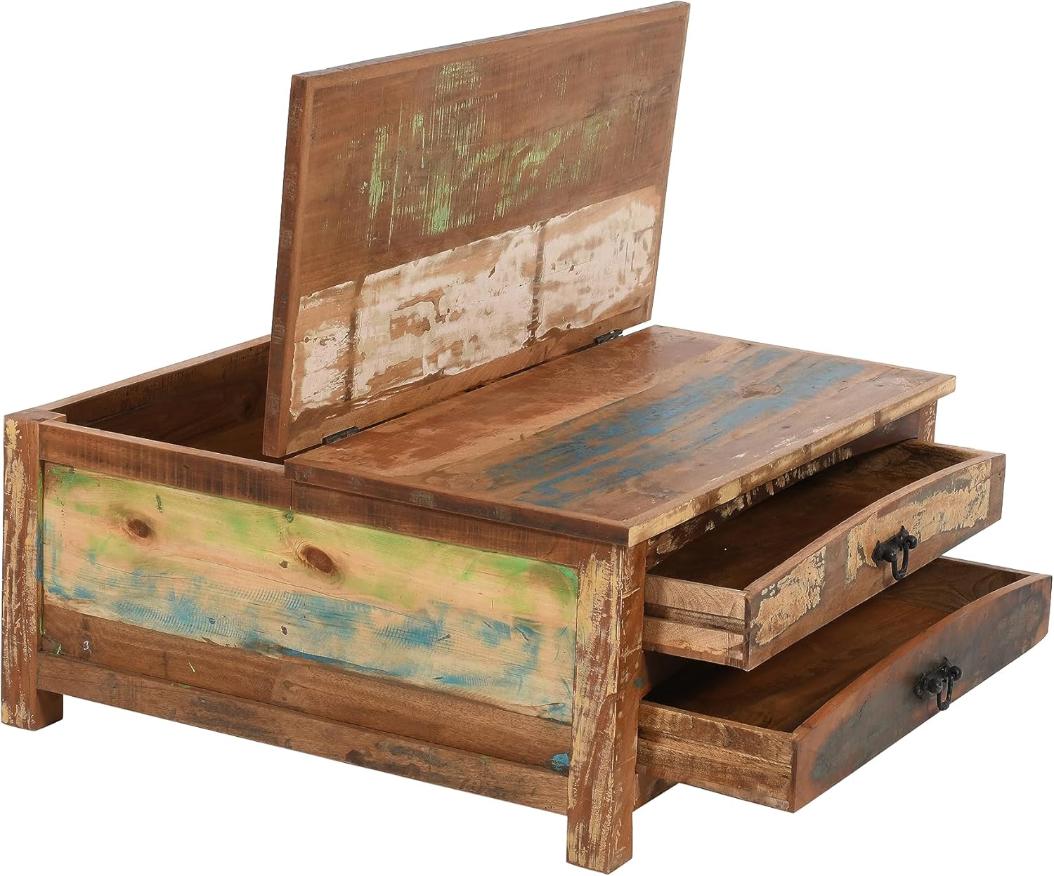 Solid Reclaimed Wood Coffee Table with Two Drawers and Hidden Trunk Storage B19506