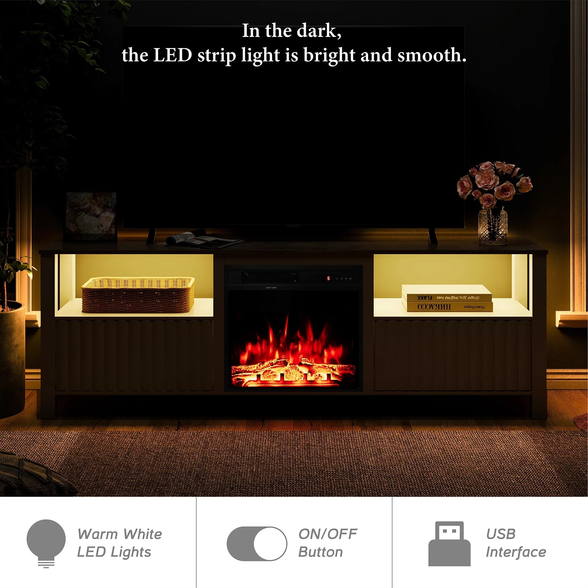 White 70 inch Wood Electric Fireplace TV Stand M454430