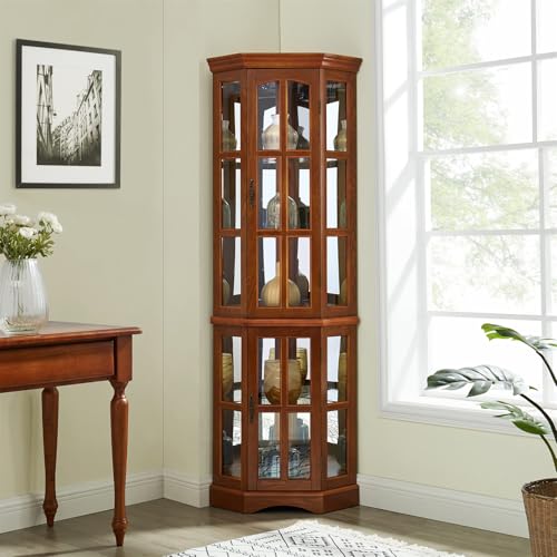 Oak Corner Curio Display Cabinet with 5 Shelves and Lighting System, Tempered Glass Doors O3623