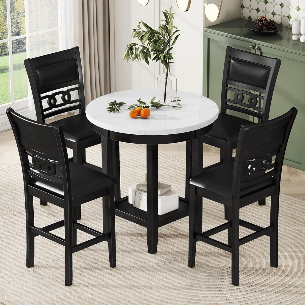 5-piece Counter Height Dining Round Table Set with Faux Marble Top and Four PU-leather Chairs, Dark Espresso Y730691