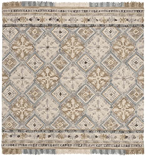 Beige Light Blue Handmade Fringe Wool Runner Rug W21641