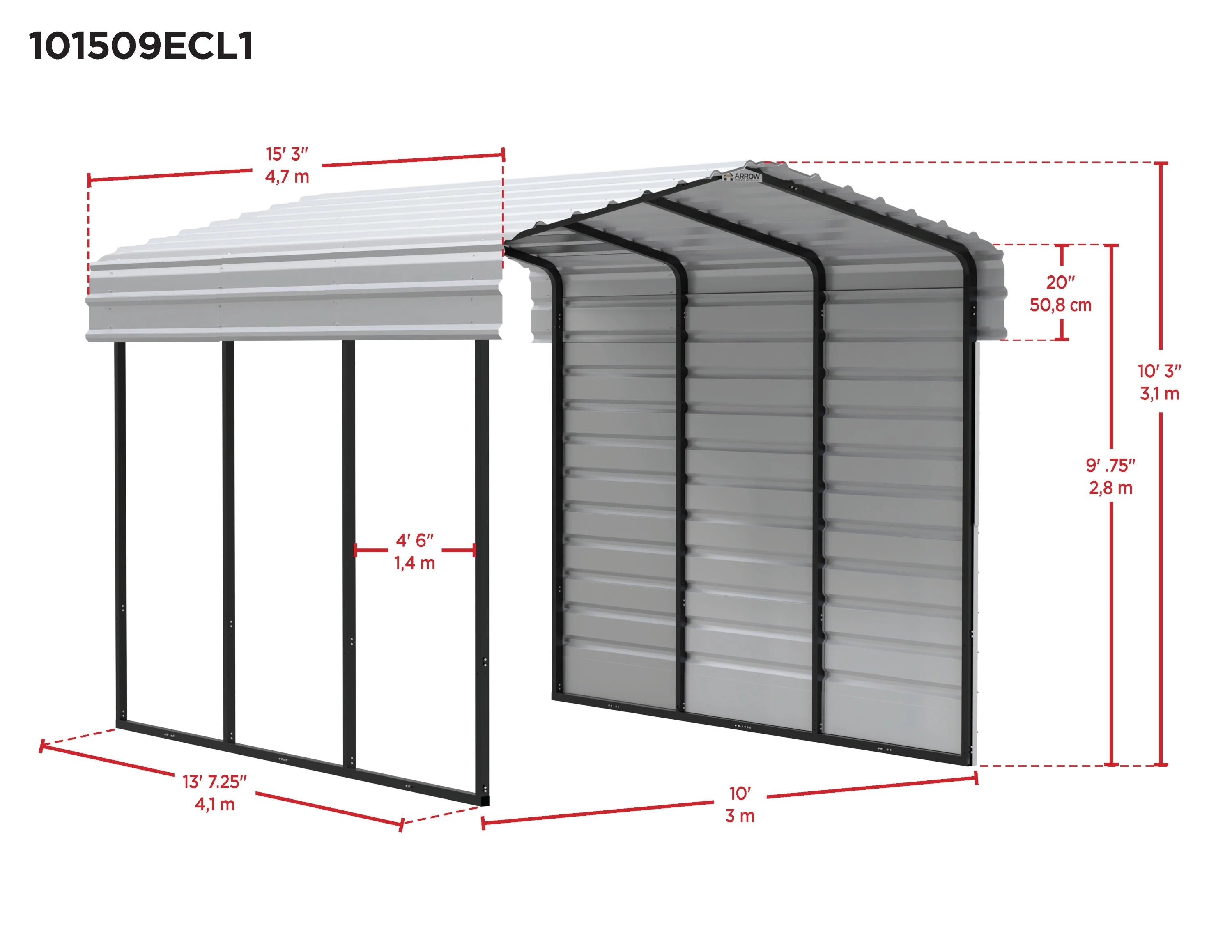 Galvanized Steel Carport with 1-Sided Enclosure, 10' x 15' x 9' , Charcoal P689