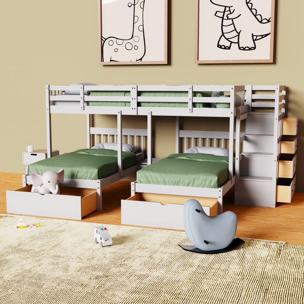 White Wood Triple Bunk Bed with Drawers and Guardrails R31357