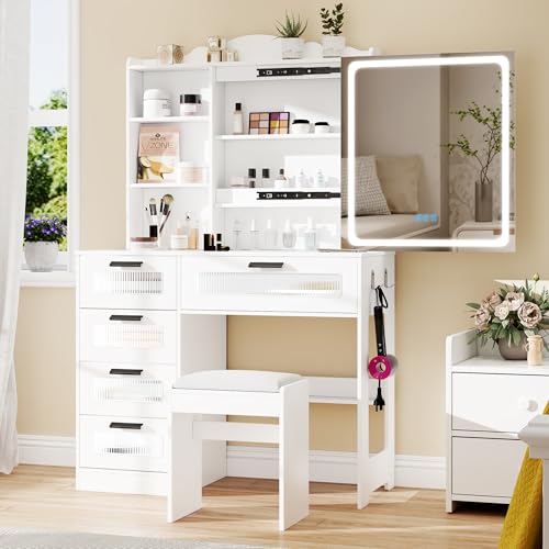 White Vanity Desk with Mirror and Lights, 5 Drawers V208640