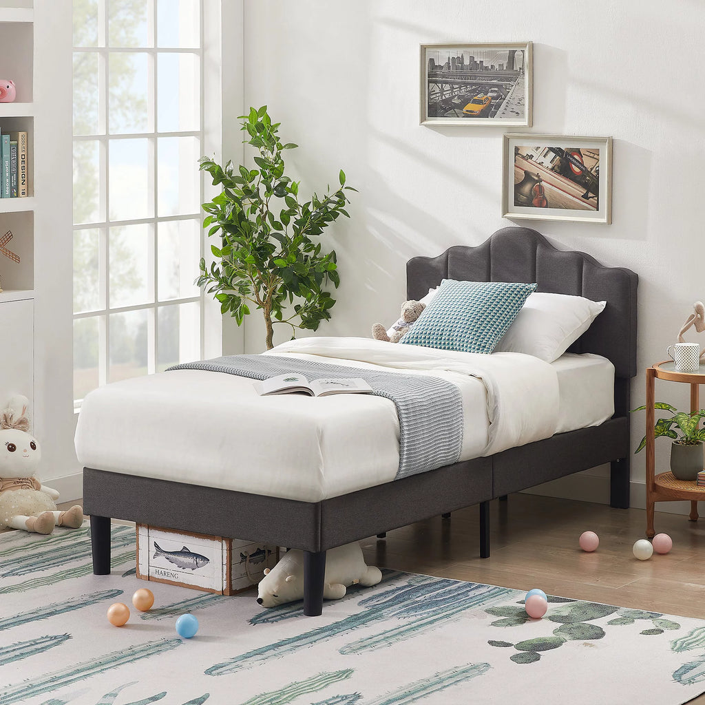 Twin Size Upholstered Platform Bed Frame Dark Grey Y747
