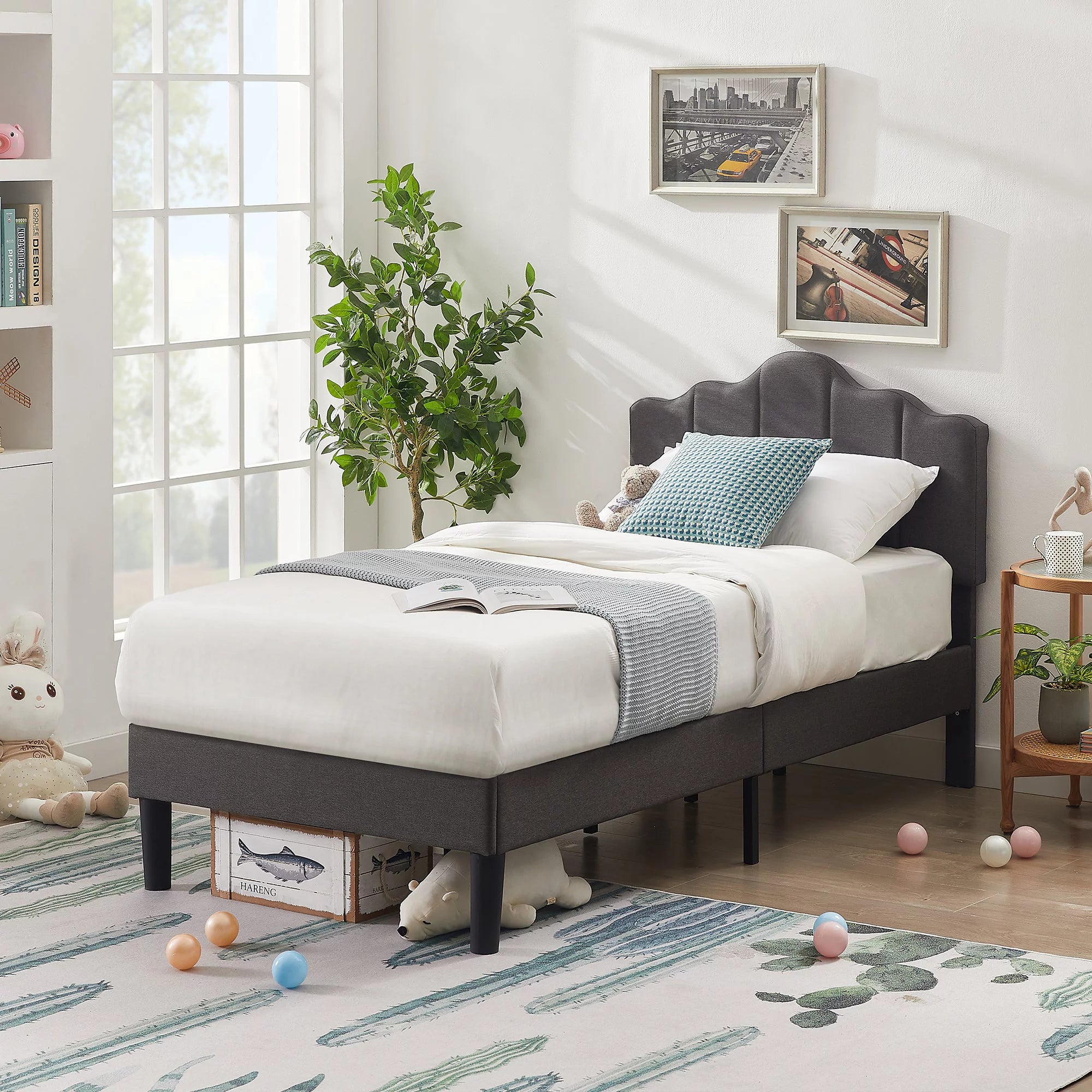 Twin Size Upholstered Platform Bed Frame Dark Grey Y747