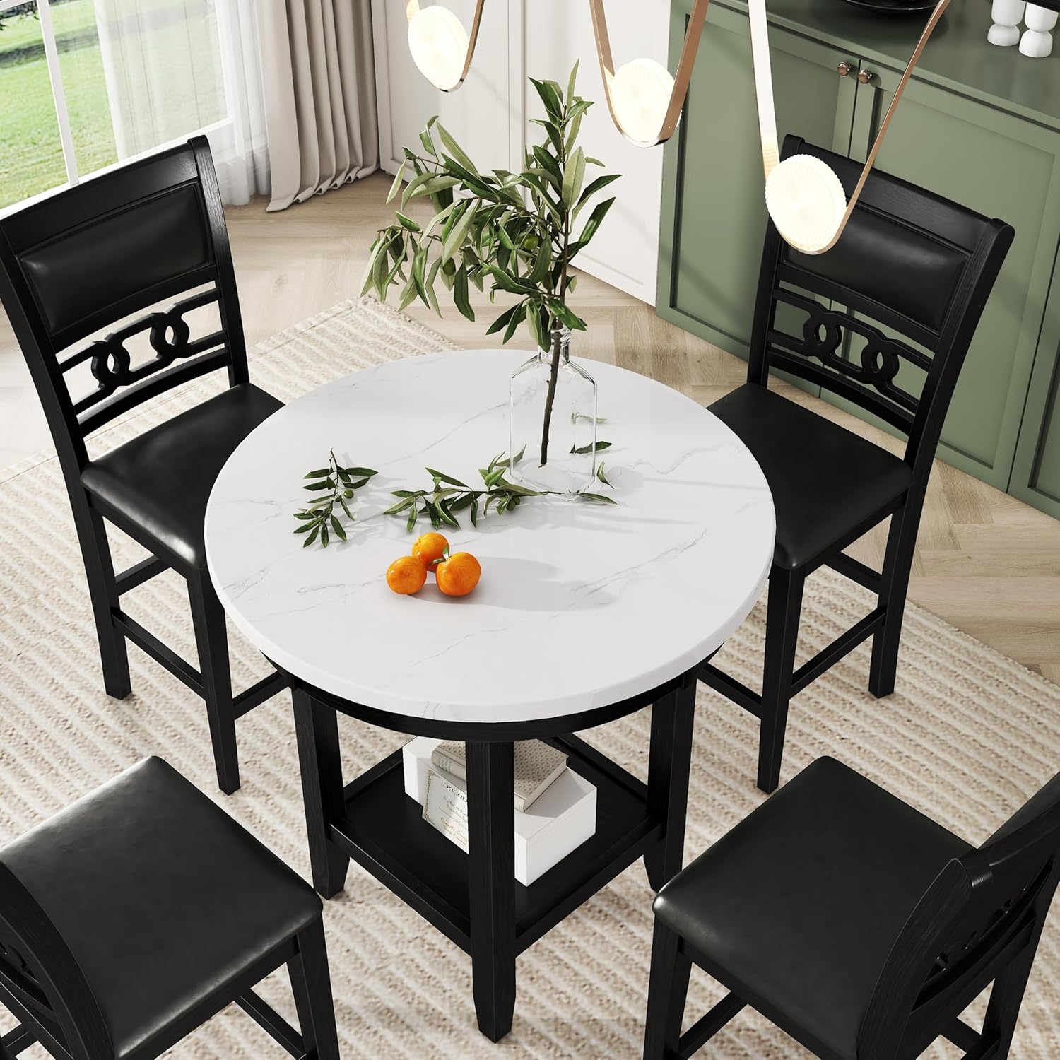 5-piece Counter Height Dining Round Table Set with Faux Marble Top and Four PU-leather Chairs, Dark Espresso Y730691