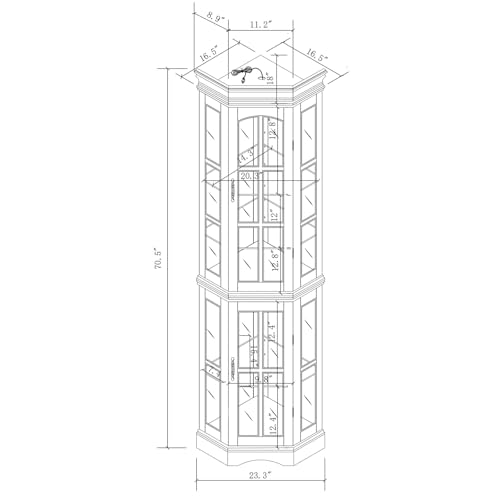 Oak Corner Curio Display Cabinet with 5 Shelves and Lighting System, Tempered Glass Doors O3623