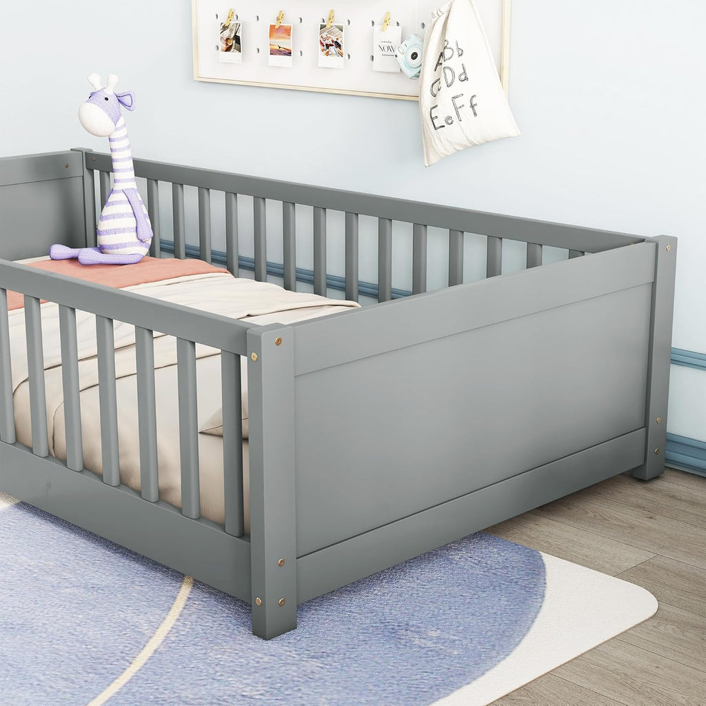 Twin Size Solid Pine Wood Floor Bed Frame with Safety Guardrails and Slats (Grey) P914