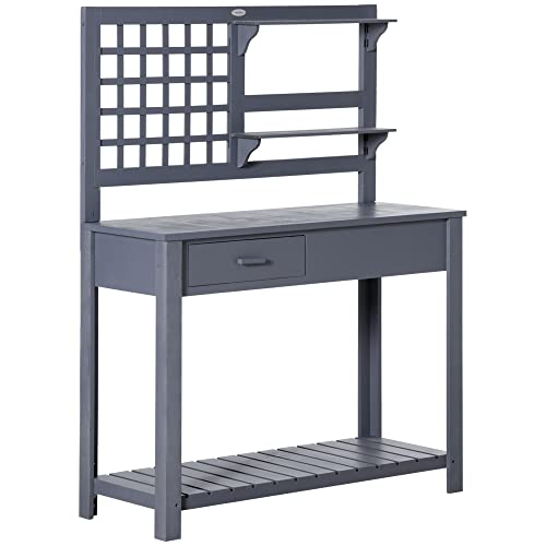Brown Wooden Potting Bench Table with Shelves and Drawer H6819