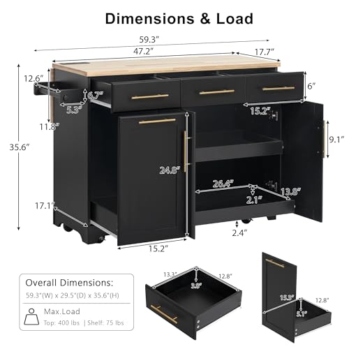 Black Farmhouse Kitchen Island with Drop Leaf, Barn Door, 3 Drawers, Adjustable Shelf, Spice Rack, 56" D474