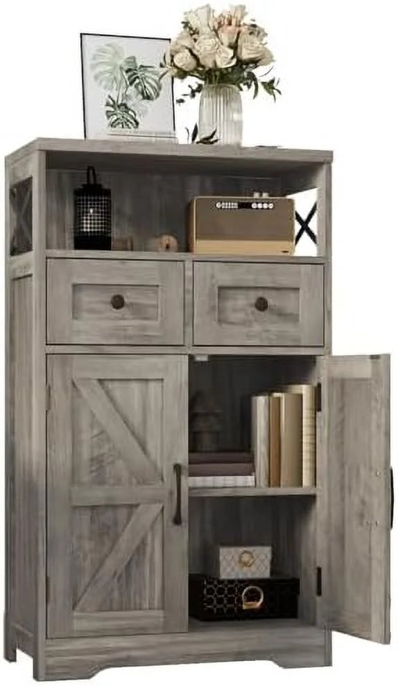 Farmhouse Cabinet with Drawers and Freestanding Kitchen Pantry Floor Cabinet Hutch Cupboard Rustic Grey P4572