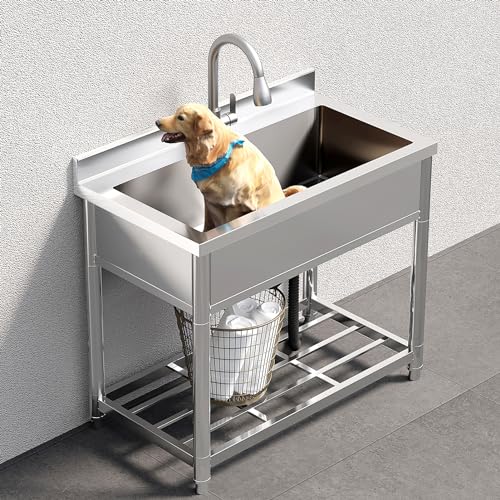 Stainless Steel Single Bowl Freestanding Utility Sink with Pull-Out Faucet, W35.4" x D22.4" x H37" C217