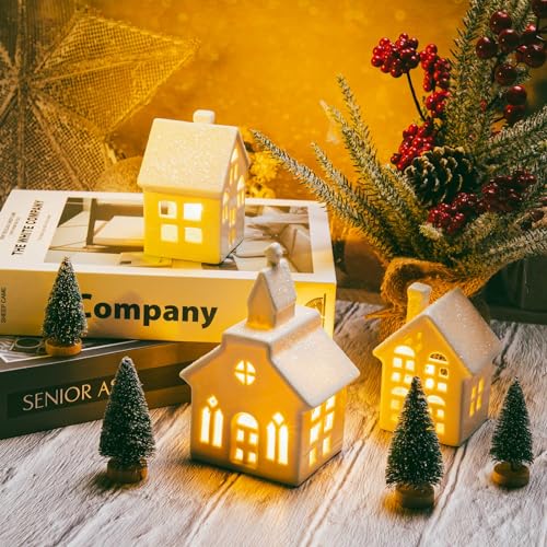 7PCS Christmas Village Sets - 3 LED Lighted Ceramic White Christmas Village Houses with Remote & 4 Trees W538