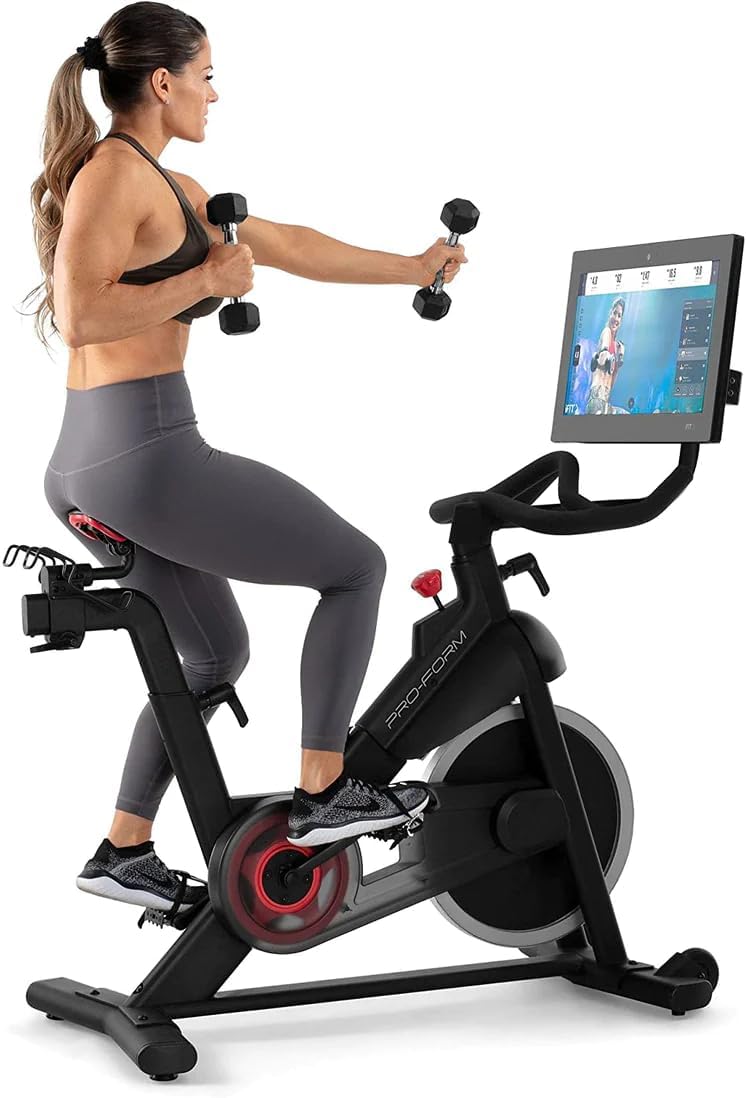 22” HD Touchscreen Exercise Bike with 24 resistance levels, Two 3 lb dumbbells, Black A3444