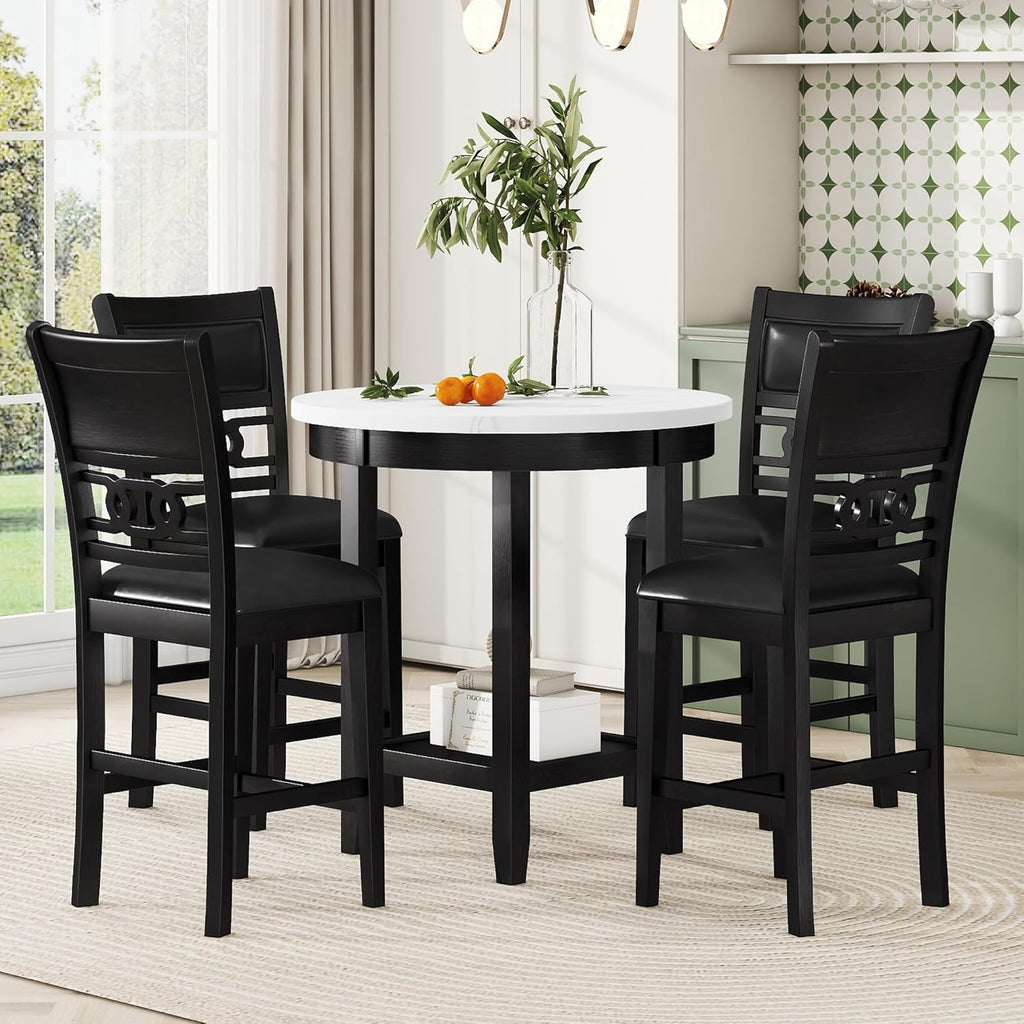 5-piece Counter Height Dining Round Table Set with Faux Marble Top and Four PU-leather Chairs, Dark Espresso Y730691