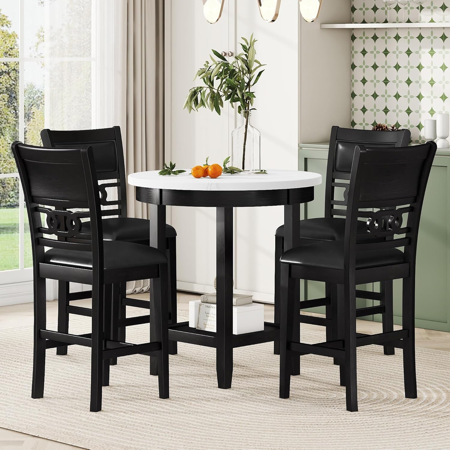 5-piece Counter Height Dining Round Table Set with Faux Marble Top and Four PU-leather Chairs, Dark Espresso Y730691