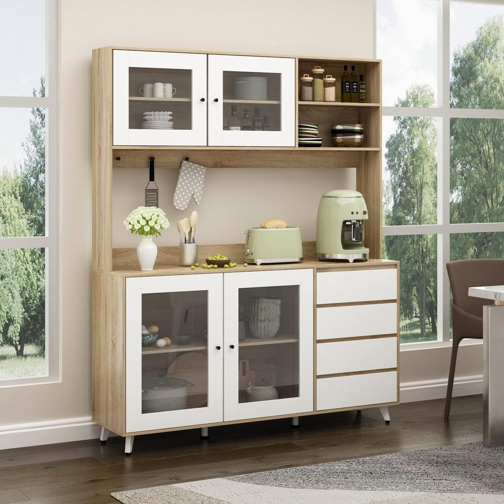 63"W 74.8"W Buffet with Hutch, Freestanding Kitchen Pantry Oak/White M7651