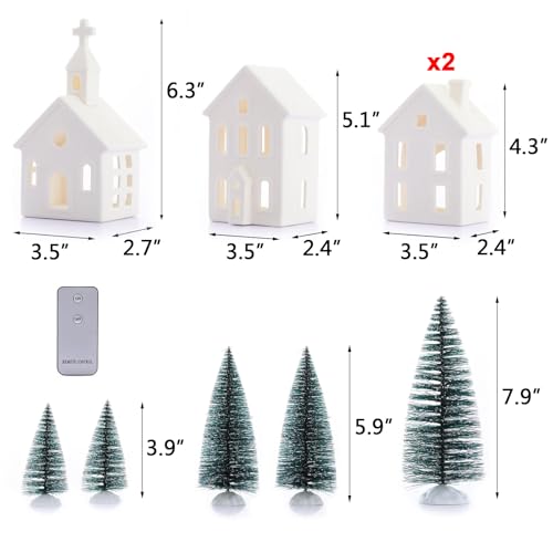 7PCS Christmas Village Sets - 3 LED Lighted Ceramic White Christmas Village Houses with Remote & 4 Trees W538