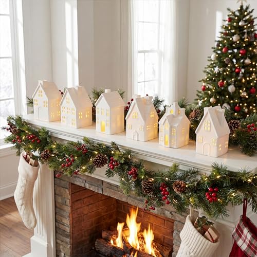 Set of 6 White Ceramic Christmas Village Houses V8349