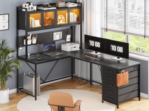 Rustic Brown L Shaped Gaming Desk with Drawers, Hutch, Storage Shelves, Pegboard, Led Lights, and Power Outlet K519434