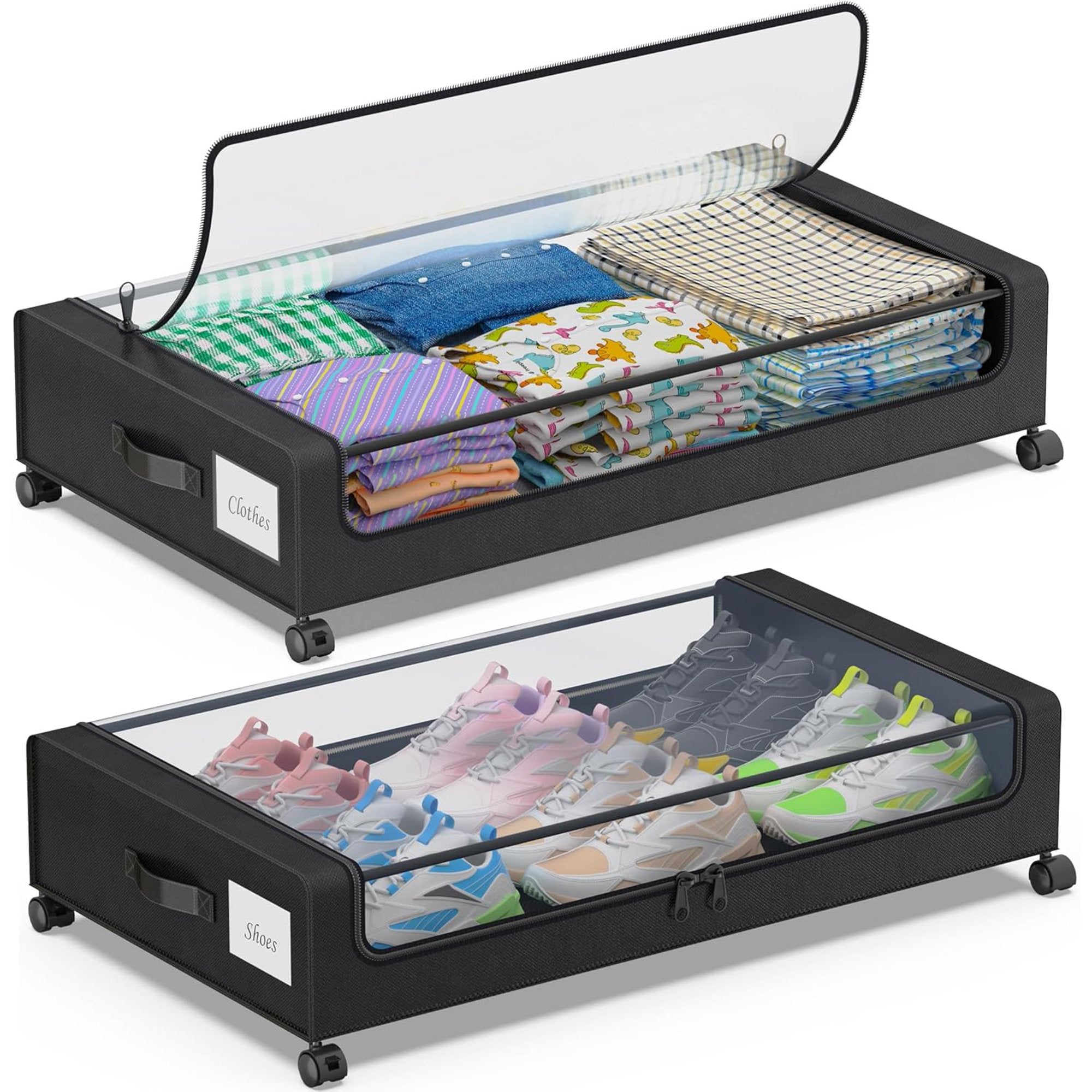 2-Pack Black Under Bed Storage Bins with Wheels and Clear Lids L118101