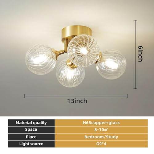 13" 4-Light Gild Brass Clear Ripple Blown Glass Globe Semi Flush Mount Chandelier G9329