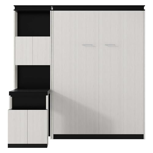 White Wood Full Murphy Bed with Desk and Storage Shelves J91448