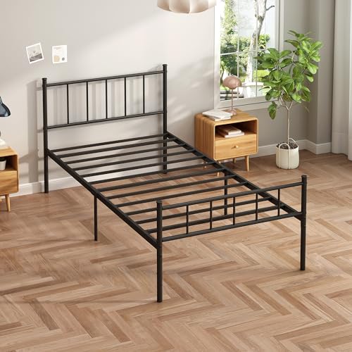 Black Metal Twin Size Platform Bed Frame with Headboard and Footboard T710036