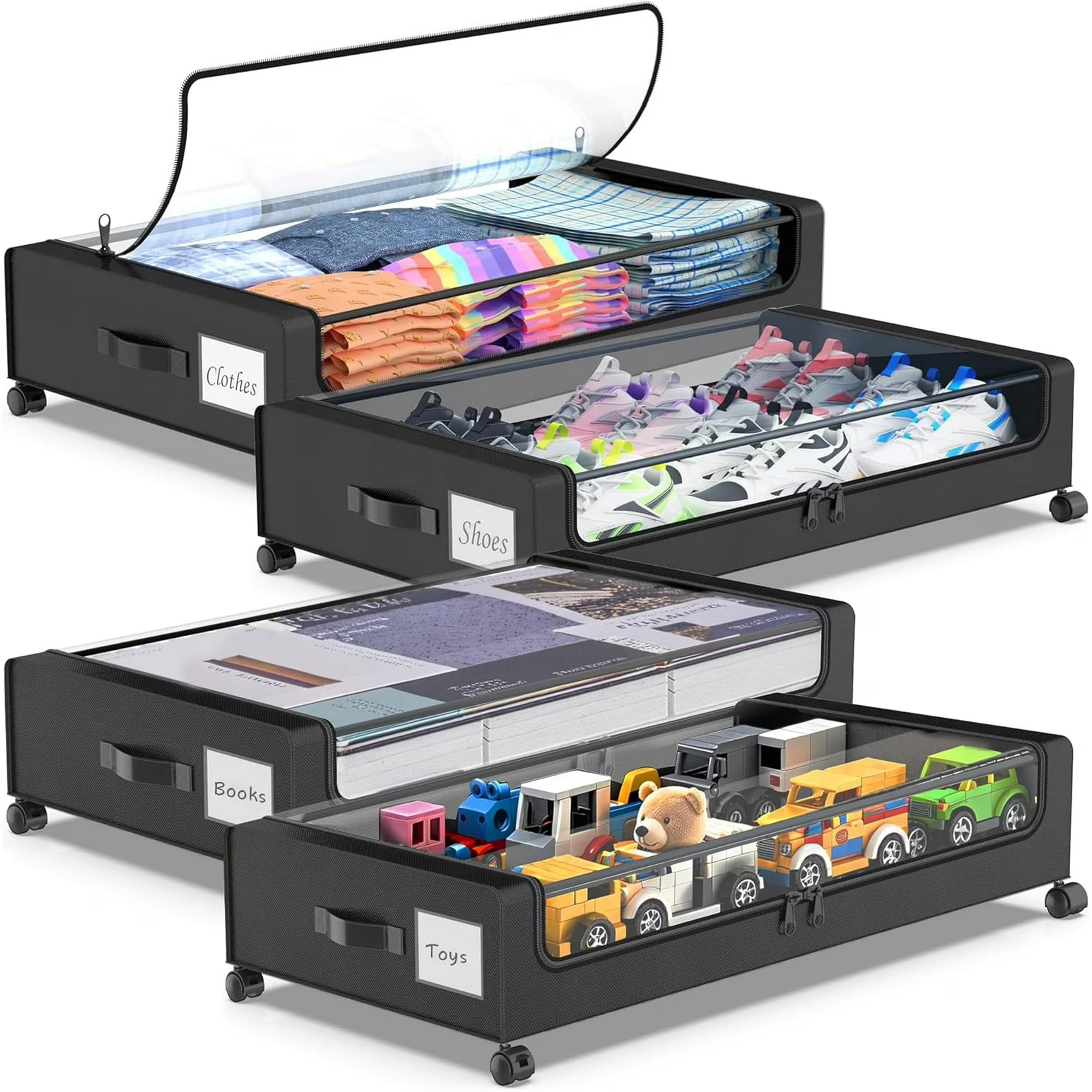 2-Pack Black Under Bed Storage Bins with Wheels and Clear Lids Y1952