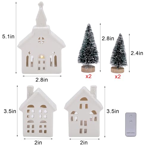 7PCS Christmas Village Sets - 3 LED Lighted Ceramic White Christmas Village Houses with Remote & 4 Trees W538