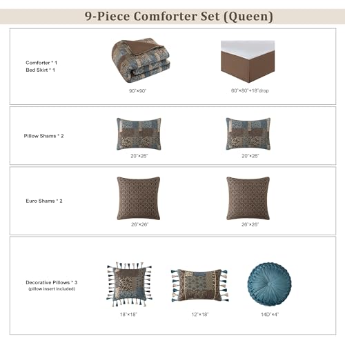 9-Piece King Jacquard Comforter Set with Euro Shams, Bedskirt, Decorative Pillow L80481