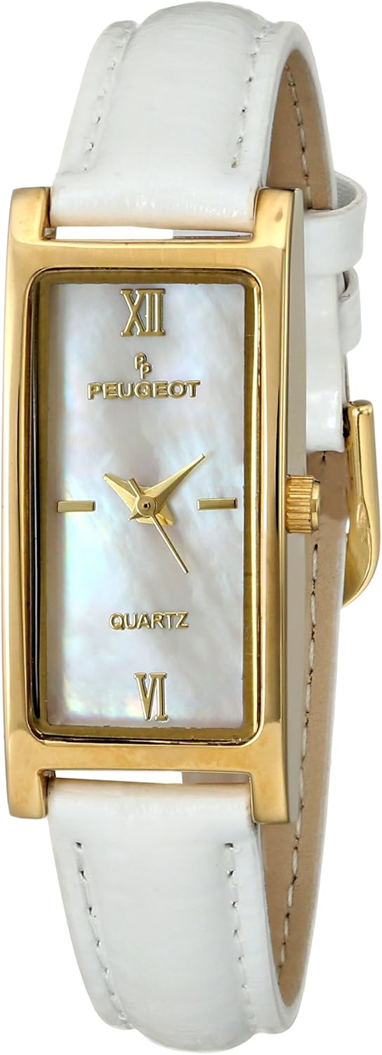 14K Gold Plated White Mother of Pearl Roman Numeral White Leather Thin Strap Dress Watch V409