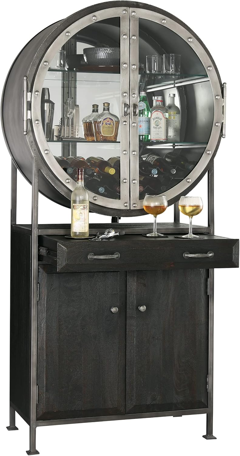Aged Mocha Wine & Bar Cabinet with Metal Frame and 19-Bottle Wine Rack E46664