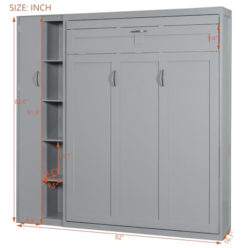 Gray Queen Size Murphy Bed with Storage Shelves and LED Lights U29548