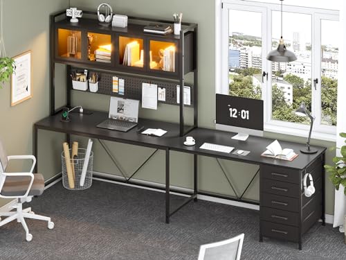Rustic Brown L Shaped Gaming Desk with Drawers, Hutch, Storage Shelves, Pegboard, Led Lights, and Power Outlet K519434