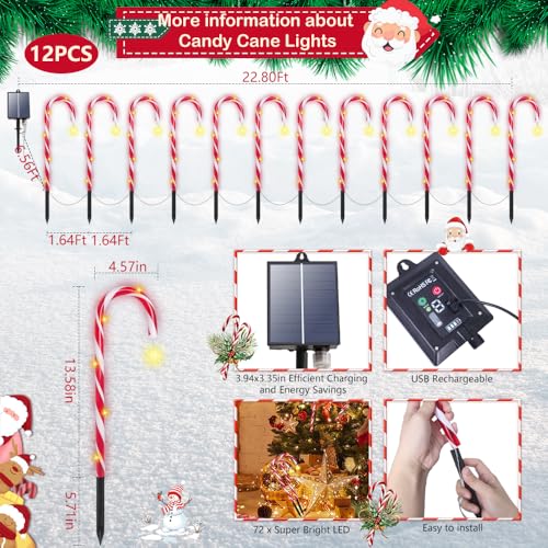12 Pack Waterproof Solar Candy Cane Christmas Lights B58908