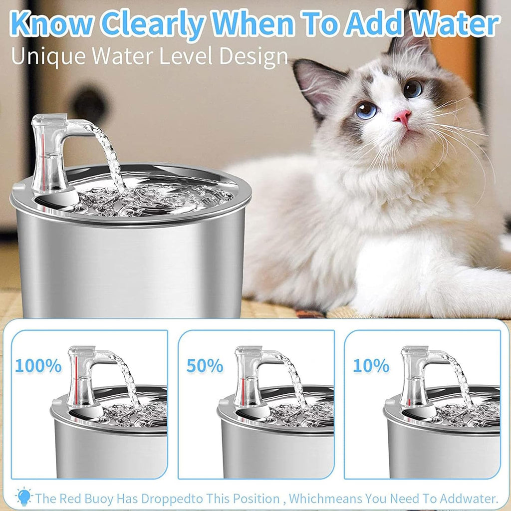 Stainless Steel Pet Water Fountain, 2L/67OZ Adjustable Water Flow E9612