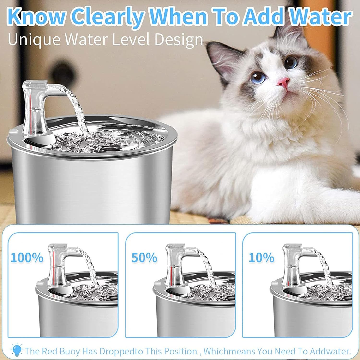 Stainless Steel Pet Water Fountain, 2L/67OZ Adjustable Water Flow E9612
